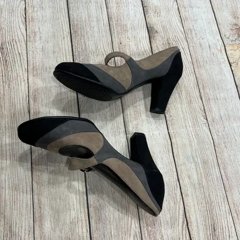 Aerosoles Mary Jane Block Heel Shoes Black Tan Grey Suede Strap Women's 8.5