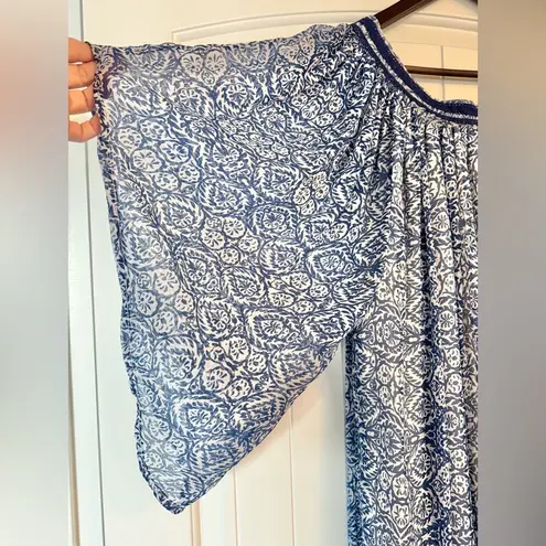 MNG SUIT Blouse Sz 8 Blue White Flowy Bell Dolman Sleeve Floral Tunic Dress