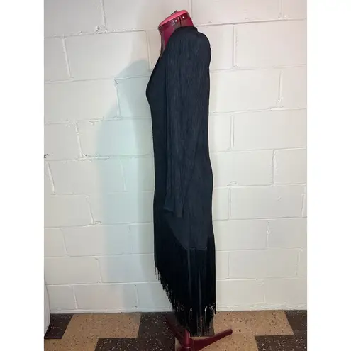 dress V neck long sleeve fringe black 1990s shoulder pads