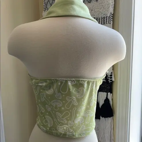 Green Halter BoHo Crop Tank Top with White Mushroom Pattern Size L