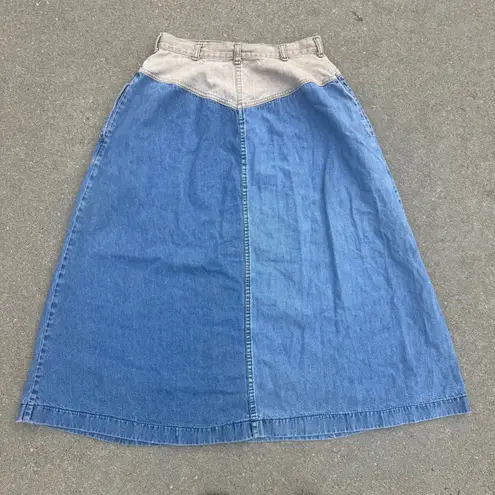 Vintage 80s OshKosh Two Tone Block V Yoke Midi A Line Jean Skirt Western 12 Blue