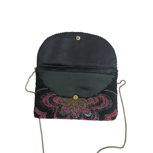 LE REGALE Vintage Beaded Multicolor Cocktail Bag w/ Chain Strap Black