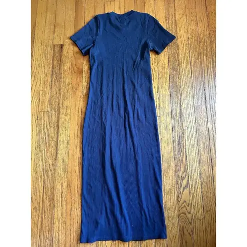 NSF Collins Ribbed Short Sleeve Crewneck Bodycon Midi Dress in Deep Sea Blue