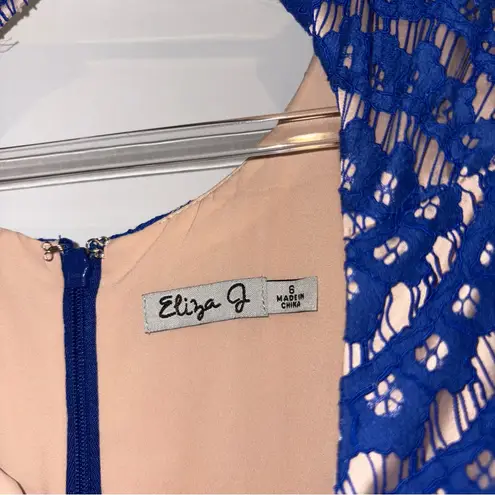 Eliza J lace eyelet belted Patterned Dress blue nude size 6