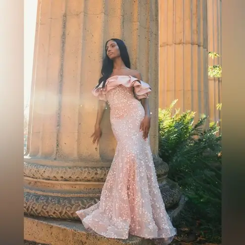 Mac Duggal 21003 Pink Beaded Mermaid Gown With Off The Shoulder Ruffle