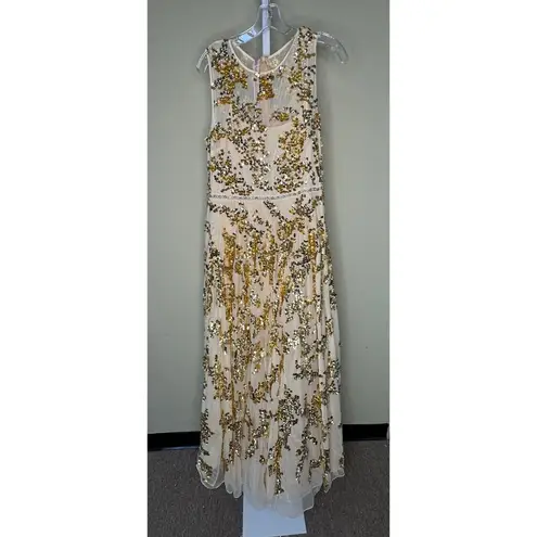 Mac Duggal NWT Jewel Neckline Embellished Dress in Nude/Gold Size 14