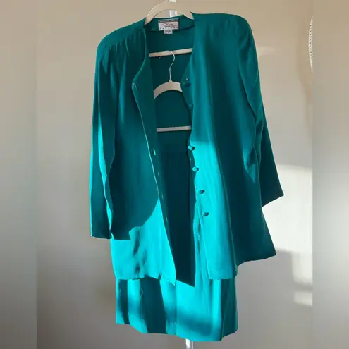 Adrianna Papell Vintage Talbots Teal Button-Down Shirt & Skirt Matching Set 100% Silk-8