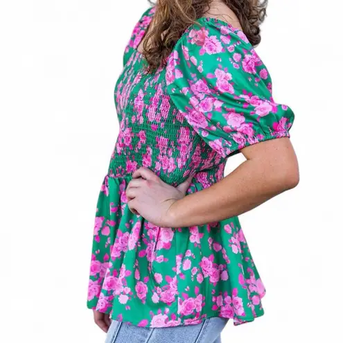 JODIFL 🌸 Peplum Smock Top | Green & Pink Floral | Size M | Flirty & Fun! 🌿🌷