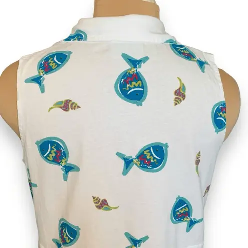 Vintage 90s White Cotton Maxi Shirt Dress Fish Seashell Shell Print Sleeveless Size M