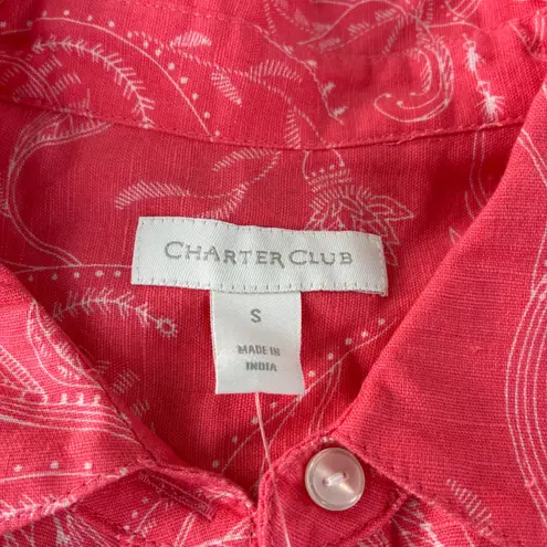 Charter Club Floral Button Down Shirt Pink White Linen Cotton Blend Womens S
