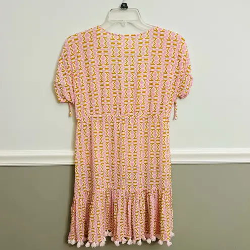 Figue Pink White Brown Geometric Tassel VNeck Tie Cinch Waist Dress Cover