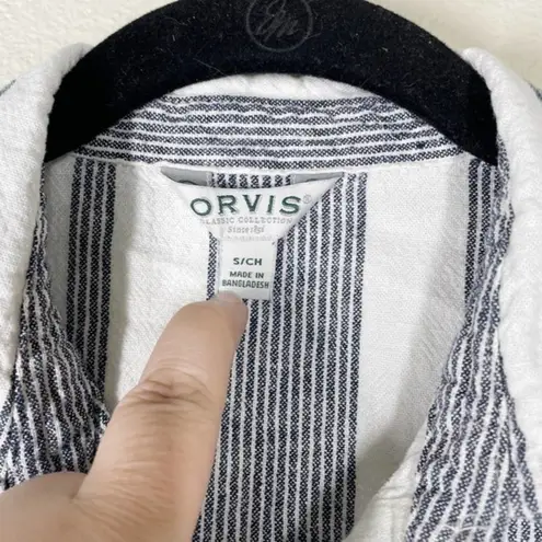 Orvis ‎ Women's Linen Blend Striped Button Down Size Small White Navy Blue