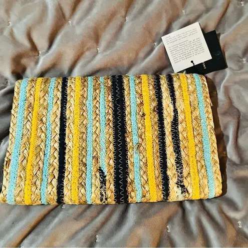 AMERICA & BEYOND Sunset Striped Staw Woven Jute Clutch Purse Tan Blue OS NWT