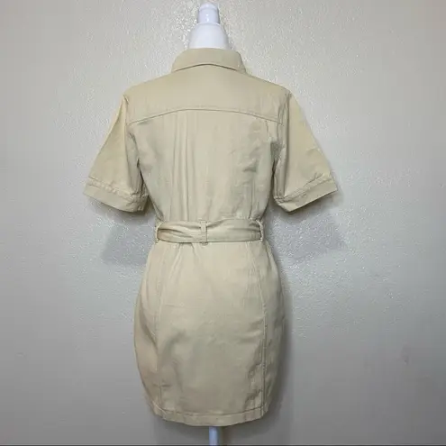 Bloomingdales FORE Short Sleeve Button-Down Cargo Mini Shirtdress in Khaki Small