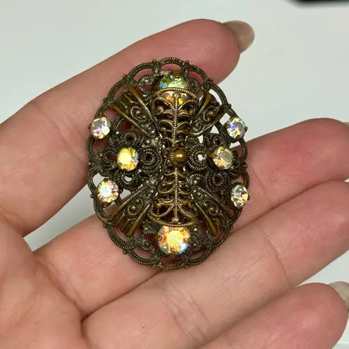 Antique AB Rhinestone Filigree Brooch + Clip On Earrings Set Germany 1920s Gold