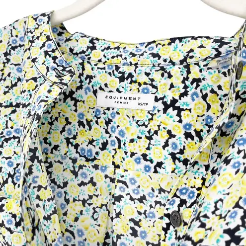 Equipment Femme Micro Floral Print Collarless Blouse Blue and Yellow Size XS