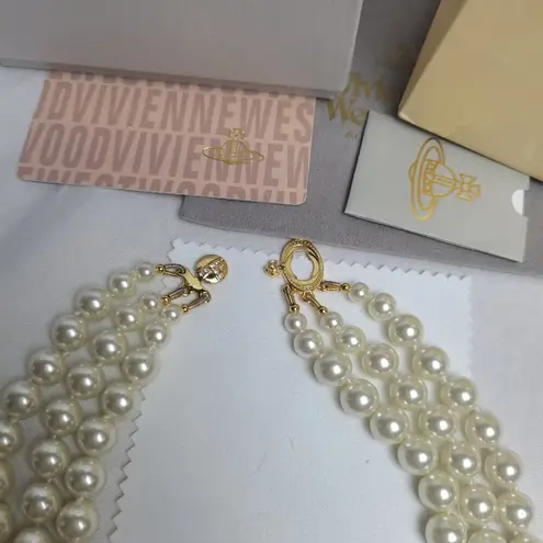 Vivienne Westwood Three Row Pearl Gold Drop Necklace