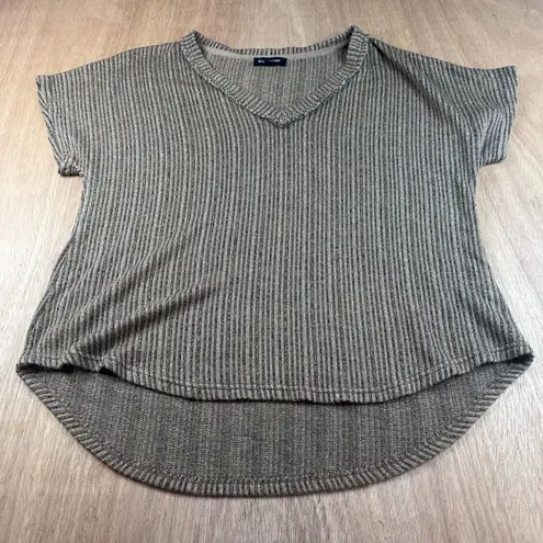 Blu Pepper Ribbed V Neck Short Sleeve High Low Hem Top Brown Tan Fall Layer S