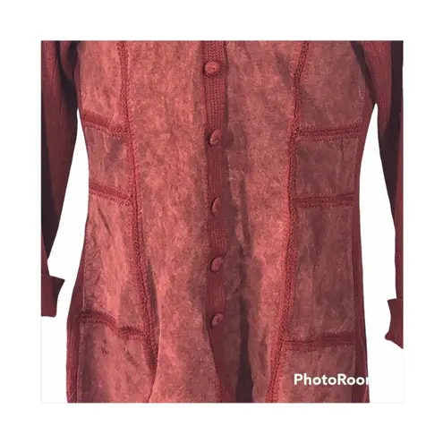 J. Jill Rustic Red Wool & Suede Patchwork Long Cardigan Medium Tall