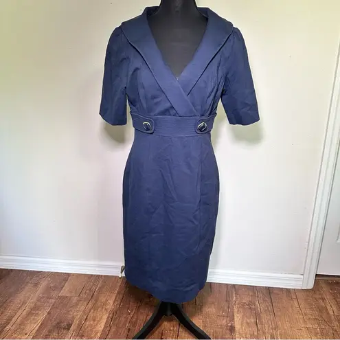 Kay Unger Navy Collared Midi Dress with Plunging Neckline Blue Size 8