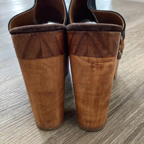 Vintage Y2k wooden clog platform open toe heels leather suede blue brown tan 7.5 Multiple