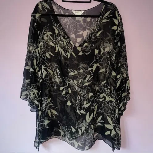 Allison Taylor 2X 100% Silk Chiffon Blouse Popover Black Floral