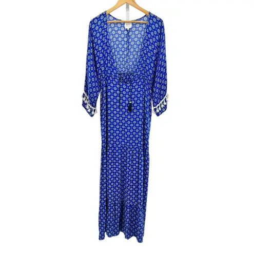 MISA Los Angeles Mica Maxi Dress L Blue Mykonos Print Boho Tassel Sleeve
