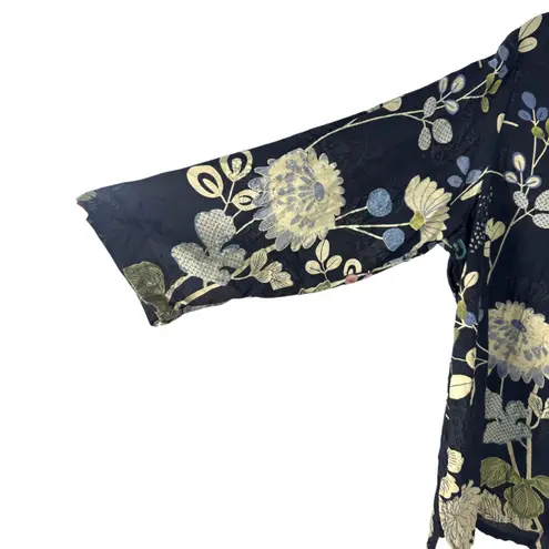 Citron Santa Monica Textured Silk Butterfly Floral Button Blouse Size 3X Black