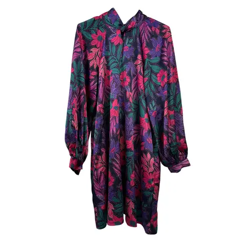 Magenta Dark Floral Flow Satin Dress ODDY Small Long Sleeve Short High Neckline Purple