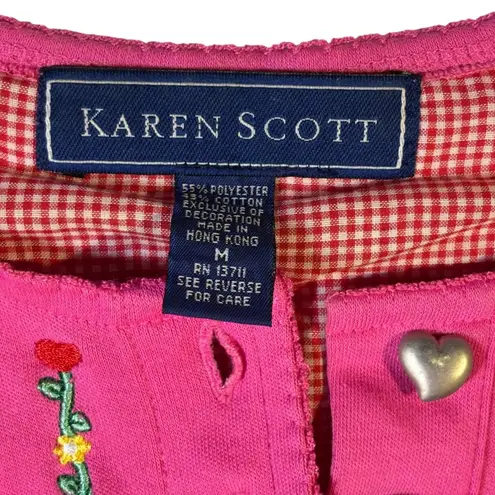 Karen Scott Pink Floral Hearts Embroidered Long Sleeve Top Women's Medium Y2K