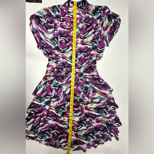 Vertigo Dress Women’s Size Medium Blouson Flare Tiered Cinched Purple Blue Work