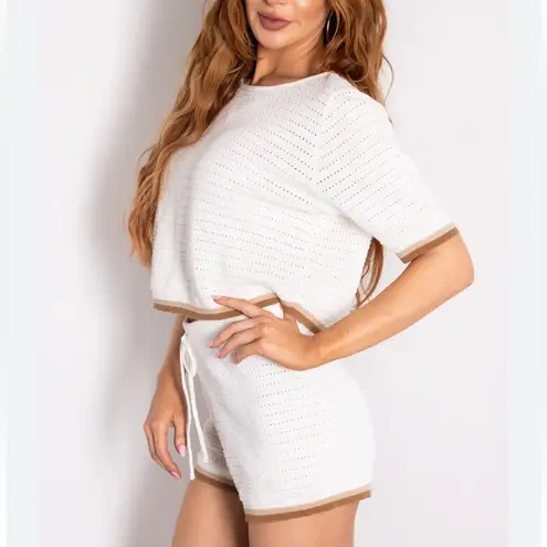 Fore Size M Sepia Trim Pointelle Knit Matching Set Cream Beach Neutral Lounge Brown Size M