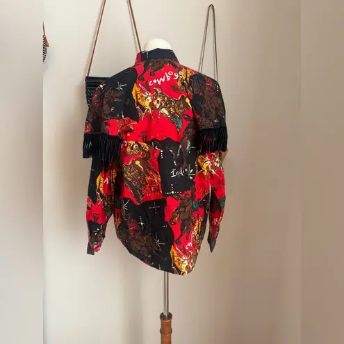Vintage Rafter JX Cowboys Indians Novelty Print Fringe Western Shirt Red