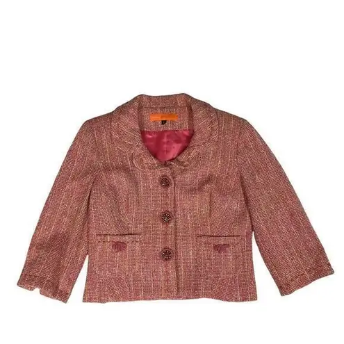 Cynthia Steffe Cynthia Steffens Cropped Pink Tweed Blazer Decorative Buttons 3/4 Sleeve Jacket