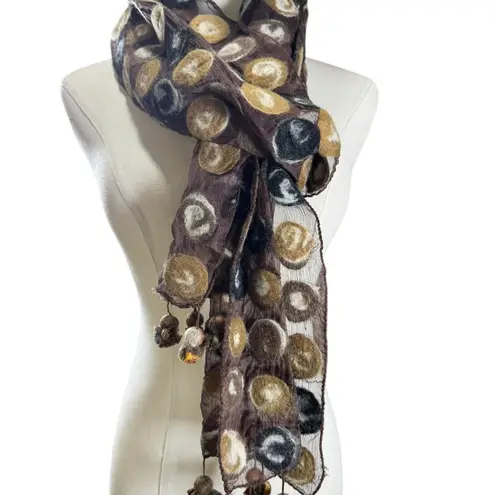 Pomegranate Moon Handcrafted Nuno Felted Wool & Chiffon Scarf — Tassel Fringe Brown