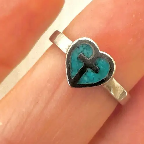 Turquoise Silver tone heart cross ring Blue