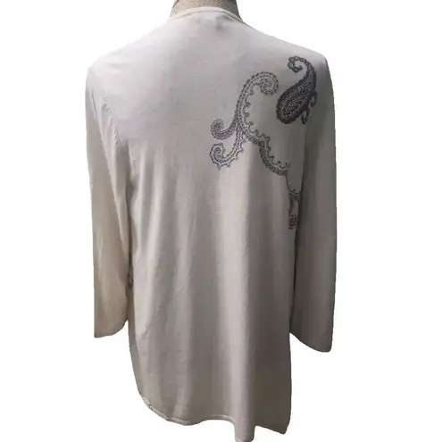 J.Jill Women's Size M Open Cardigan Sweater Beige Plunge Neck Paisley Tan Size M