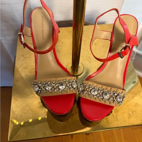 Antonio Melani  Red and Tan Wedge Sandals with Embellished Straps - Image 3