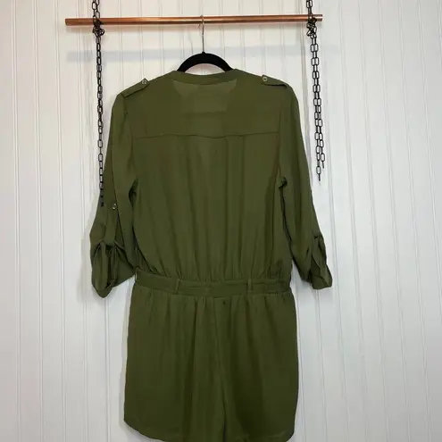 Miss Avenue Women Green Pleated Long Sleeve Pocket Button Romper Size L