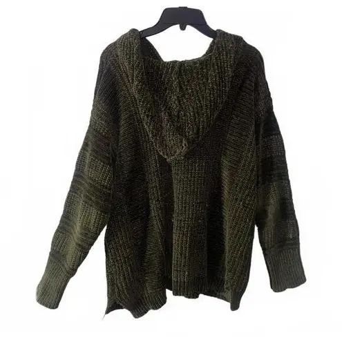 Pleione Soft Olive Green Knit Hoodie Sweater Size L Slouchy Cozy Hooded Pullover