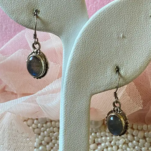 Sterling Silver Labradorite Dangle Earrings Oval Beaded Accent .925
