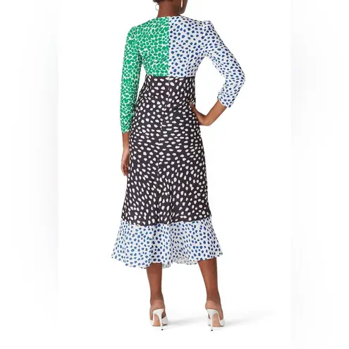 O.P.T. Cope Patchwork Polka Dot Colorblock Ruffle Twist Front Maxi Dress Small Green