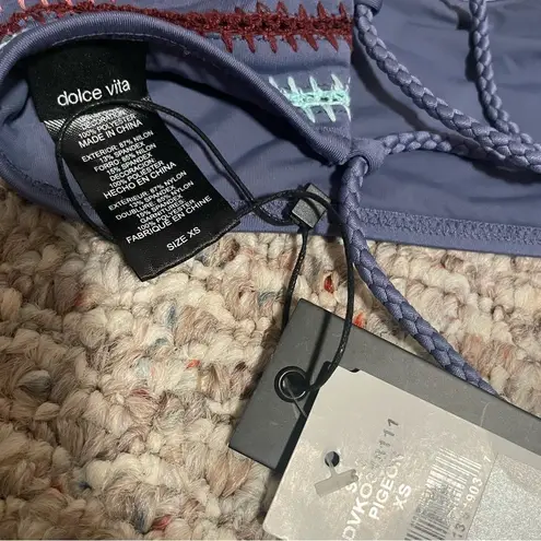 NWT l Dolce Vita Gray Embroidery Pom Pom Bikini Top Swimsuit