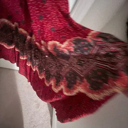 Vintage Red Patterned Boho Maxi Dress with Tie at Waist Size L Size L