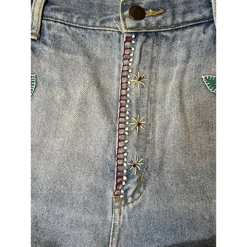 Vintage Embroidered Denim Shorts 90s AJ Brandon Size 13/14‎ Retro Hippie Y2K Blue