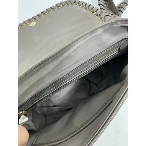 Taupe Cross Body Bag Snap Front Flap Braided Shoulder Straps Gold