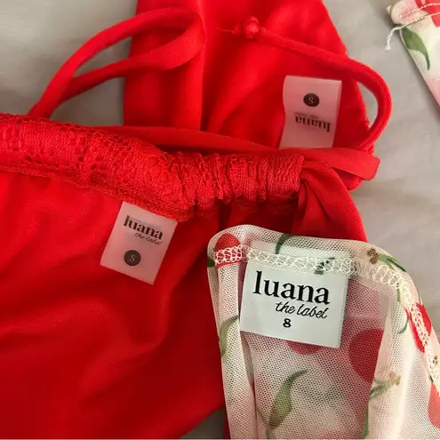 iHeartRaves Luana The Label Rave Set Small, Cherry Print Skirt and Sleeves, Red Lace Bikini