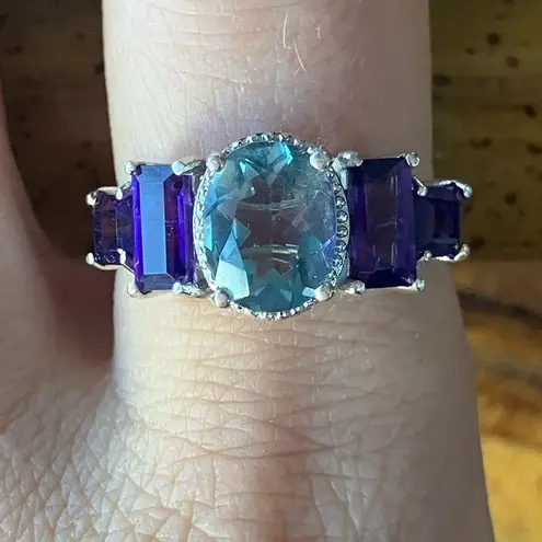 Teal Color Changing Fluorite African Amethyst Art Deco Ring Size 9 Purple