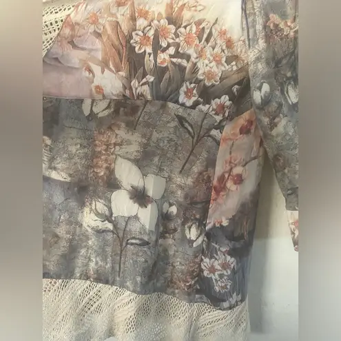 Ali Miles Open Cardigan Womens Small Floral Semi Sheer Knit Crochet Artsy Kimono