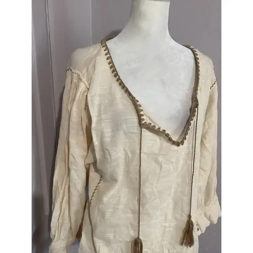 Sanctuary  Beige Tan Tassel Embroidered Flowy Blouse Boho 100% Cotton